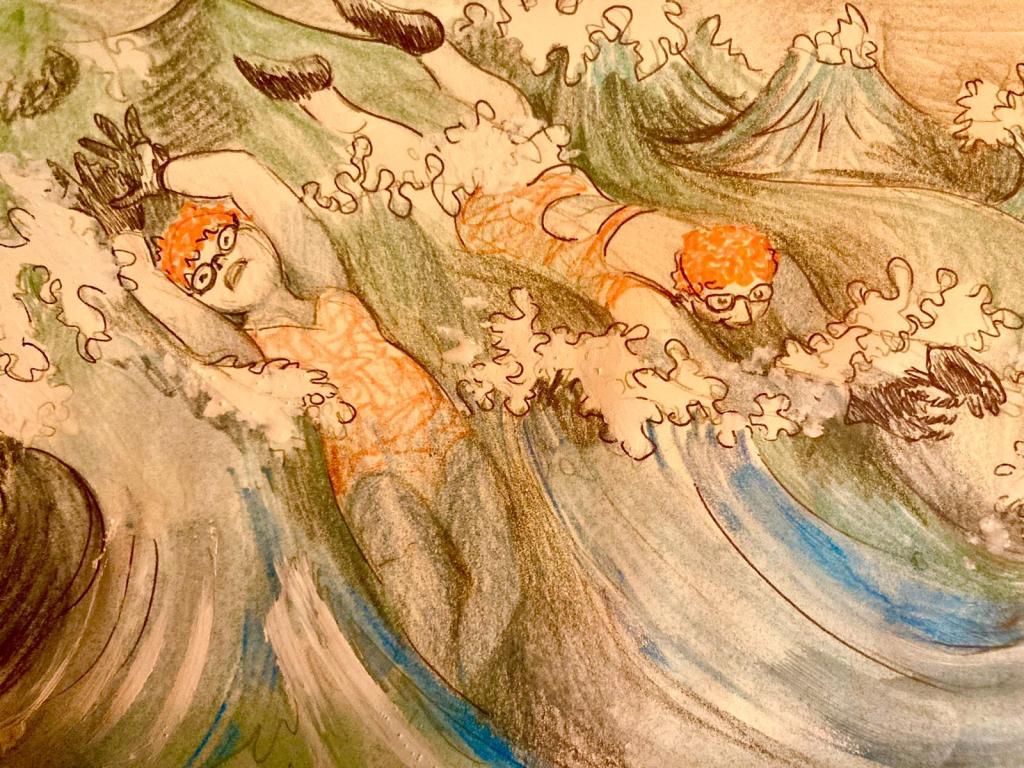 orange hat ladies; sea swimming; wild swimming; karen mead; illustration; women swimming