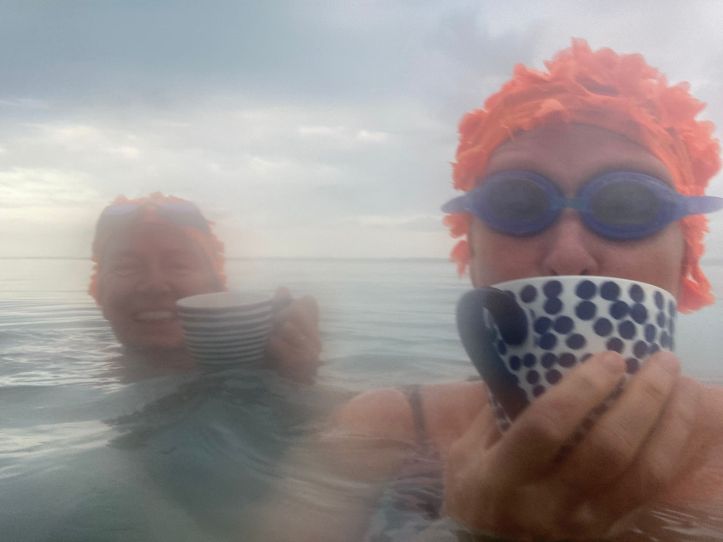 Gurnard, orange hat ladies, isle of wight, sea swimming, tea in the sea